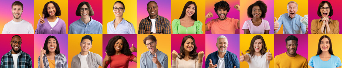 Happy Emotions. Set Of Cheerful Multiethnic People's Portraits Over Bright Gradient Backgrounds