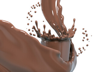 Splashes and drops of melted dark chocolate in glass, dynamic splashes of hot coffe. Design element for packaging, advertising. 3d rendering;