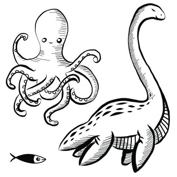 hand drawn vector illustration of an illustration of sea animals fish