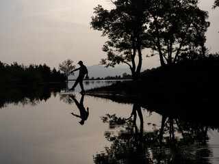 walking and energetic movements in nature at sunrise