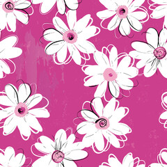 floral seamless background pattern, with abstract flowers, daisies, paint strokes and splashes, on pink - 507610026