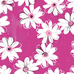 Gordijnen floral seamless background pattern, with abstract flowers, daisies, paint strokes and splashes, on pink © Kirsten Hinte
