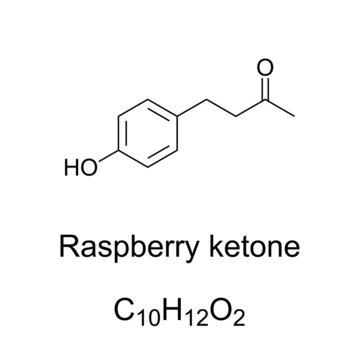 Raspberry ketone, chemical formula and structure. Natural phenolic aroma compound of red raspberries. Occurs also in cranberries and blackberries. Used in perfumery, cosmetics and as a food additive.