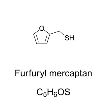Furfuryl mercaptan, roasted coffee aroma, chemical formula and structure. Furan-2-ylmethanethiol, organic compound with strong odour of roasted coffee and bitter taste. Trigger molecule for parosmia.