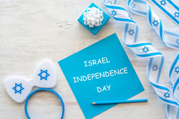 Greeting cards for Independence Day of Israel, Israeli symbols and items with national colors on...