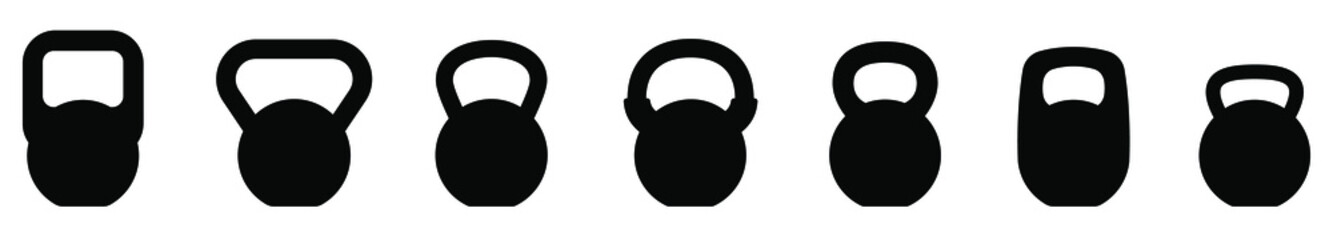 Fototapeta premium Kettlebell icon. Set of different kettlebell. Vector illustration. Kettlebell for a sports hall. Black signs