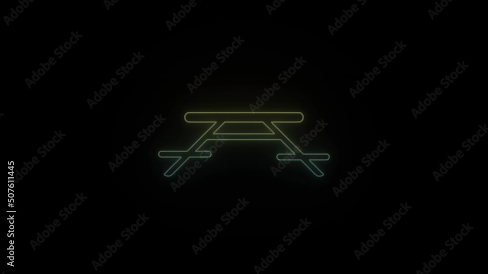 Poster glowing neon picnic table icon on black background. table for picnics in nature. 4k video animation 
