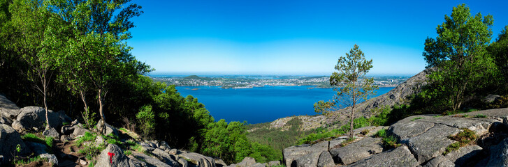 Fototapeta na wymiar Panoramic view to Stavanger and Gandsfjord from a Lifjel marked hiking trek, Sandnes, Norway, May 2018
