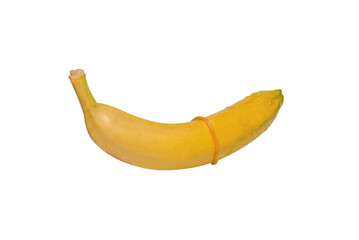 A banana with a condom on it isolated on white background.