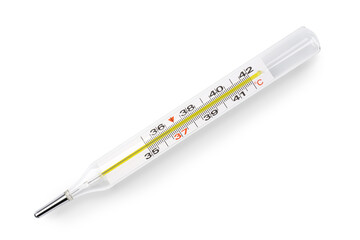 Mercury thermometer, isolated on a white background. Medical mercury thermometer. 