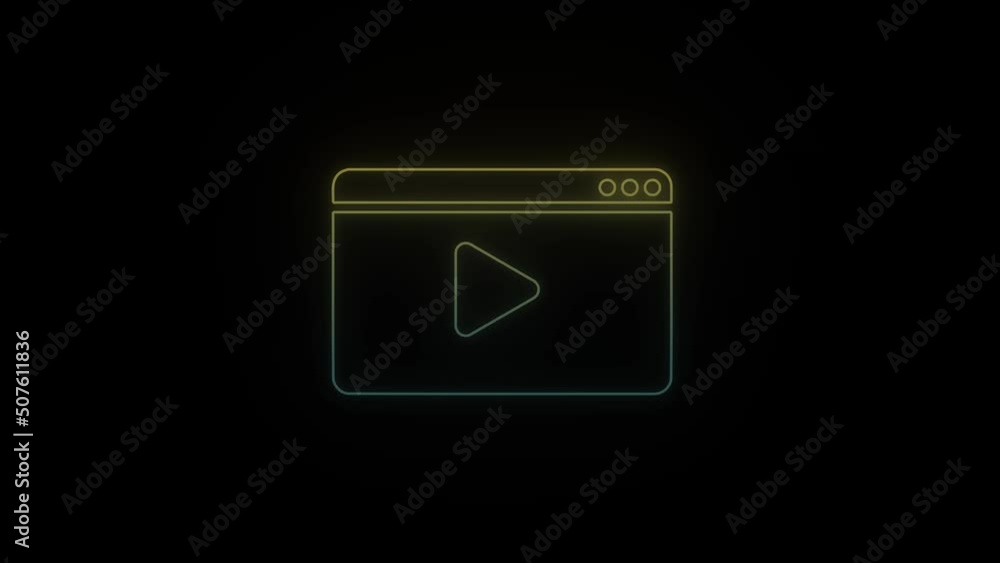 Poster glowing neon video player icon on black background. online video player window for viewing content. 