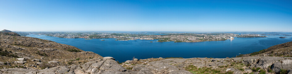 Wide panorama of Gandsfjord and Stavanger city coastline Lifjel mountain, Norway, May 2018