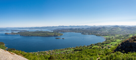 A spectacular panoramic view from Lifjel mountain to Hommersak town and Uskjo island, Norway, May 2018