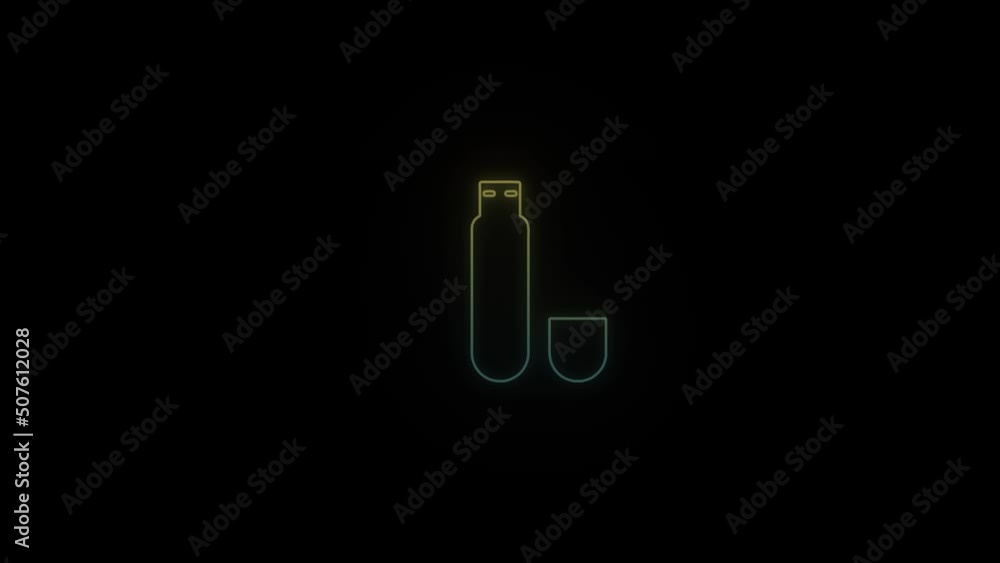 Poster glowing neon usb flash drive icon on black background. storage of information on portable media. 4k 