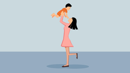 Mother and her child playing together. The child having fun and jumping. Vector Illustration