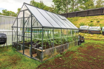 Gorgeous view of exterior of a private small garden with greenhouse.  Sweden. 