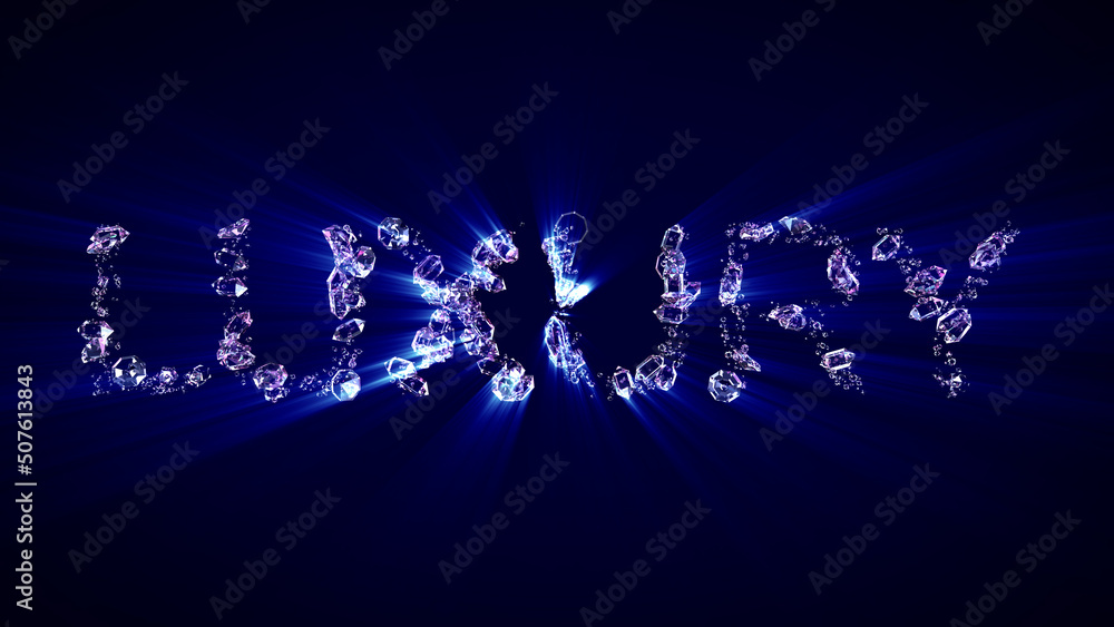 Poster luxury - text of diamonds with blue light rays, isolated - object 3d rendering