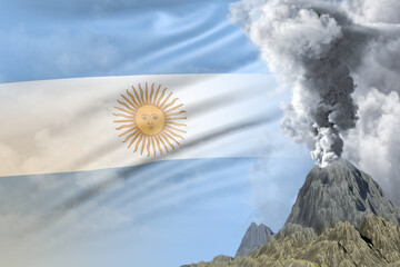 volcano blast eruption at day time with white smoke on Argentina flag background, problems of natural disaster and volcanic earthquake conceptual 3D illustration of nature