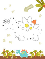 Dinosaurs activities for kids. Dot to dot game – cute dinosaur. Numbers games for kids. Coloring page. Vector illustration. Prehistoric wildlife.