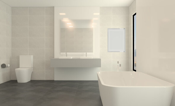Abstract  toilet and bathroom interior for background. 3D rendering.. Mockup.   Empty paintings