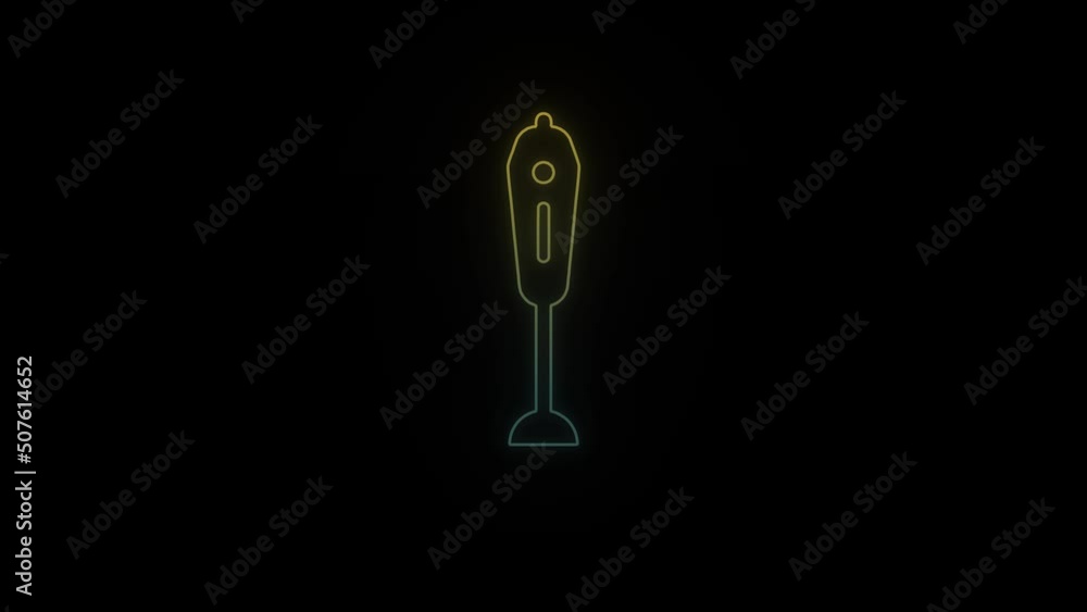 Poster glowing neon mixer icon on black background. small mixer for making sauces. 4k video animation for m