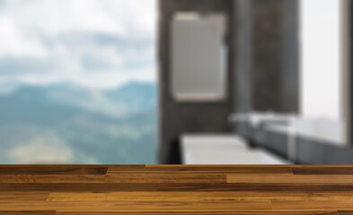 Spacious bathroom in gray tones with heated floors, freestanding. Background with empty wooden table. Flooring.