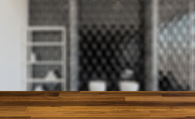 Clean and fresh bathroom with natural light. 3D rendering.. Background with empty wooden table. Flooring.