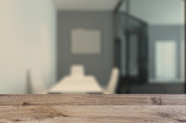 Open space office interior with like conference room. Mockup. 3D. Background with empty wooden table. Flooring.