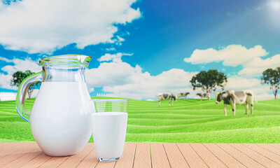 Fresh milk in clear glass and milk jug on the reflective plank floor. Bright green grassland cows are walking freely and enjoying eating grass. Clear blue sky with white clouds. 3D rendering