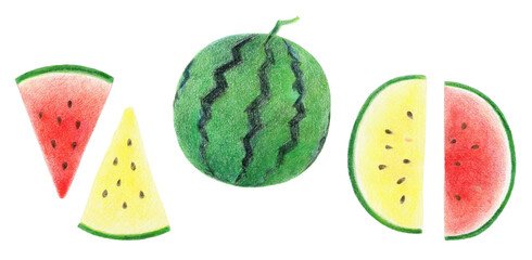 色鉛筆で手描きした、カットスイカと丸ごとスイカのイラストセット