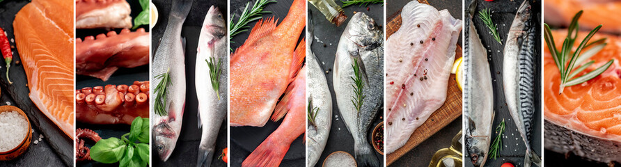 Photo collage. Seafood: fresh fish on a stone background