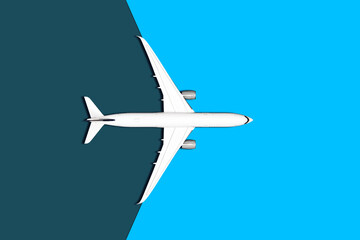 Flat lay design of travel concept with plane on blue background with very high detail