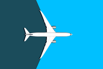 Flat lay design of travel concept with plane on blue background with very high detail
