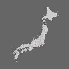 Tokyo prefecture highlighted on the map of Japan