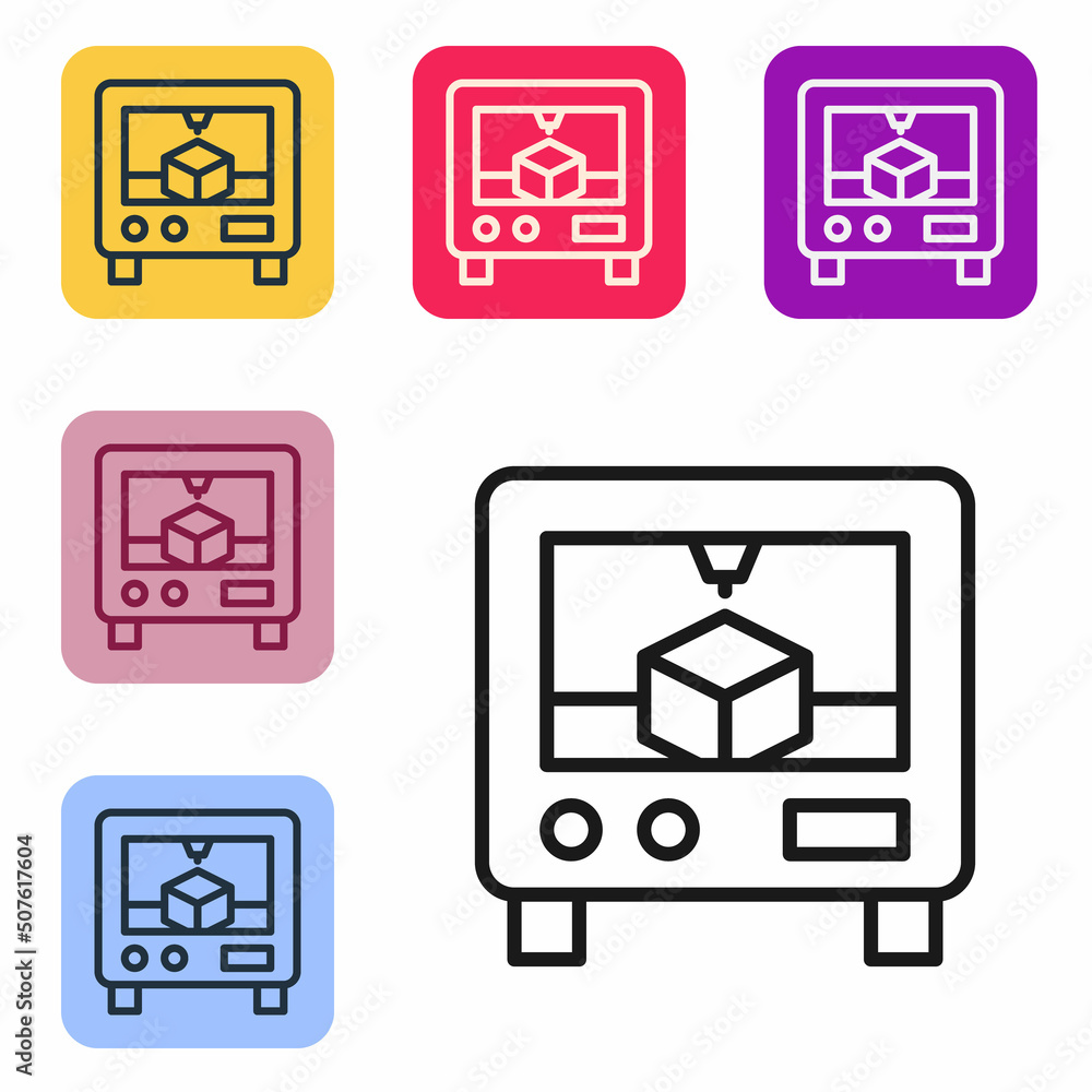 Poster black line 3d printer icon isolated on white background. 3d printing. set icons in color square butt