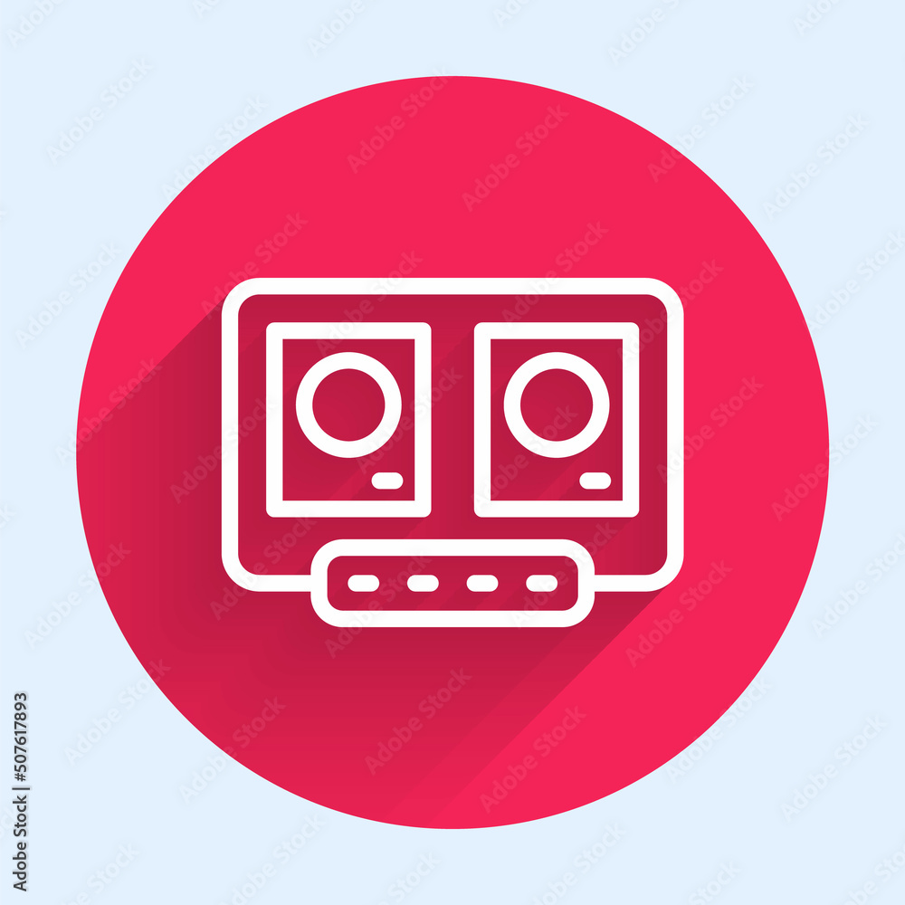 Poster white line dj remote for playing and mixing music icon isolated with long shadow. dj mixer complete 