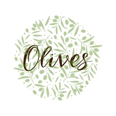 Round frame of olive branches with lettering. Vector template for logo, label, card, invitation, banner or poster for essential oil products or organic cosmetics.