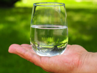 A glass of water in the palm of a hand