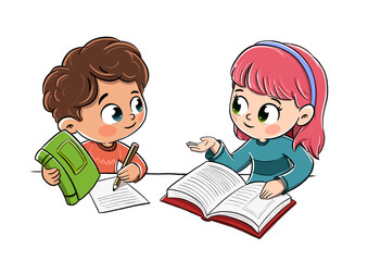 Boy and girl in class sharing books