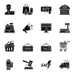 Sales and shopping black glyph icons set 2 with white background.