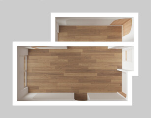 Empty room interior design, open space with oak parquet floor, arched walls with wooden decors, windows and doors, modern architecture concept idea. Top view, plan, above