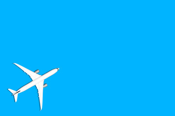 Flat lay design of travel concept with plane on blue background - super high details