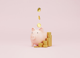 Pink piggy bank and US dollar coins falling on pink background for money saving and deposit concept , creative ideas by 3D rendering technique.