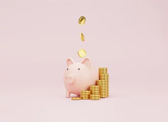 Fotobehang Pink piggy bank and US dollar coins falling on pink background for money saving and deposit concept , creative ideas by 3D rendering technique. © Dilok
