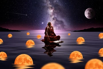 Tuinposter Boeddhistische monnik zittend in het water met lichtbollen © quickshooting