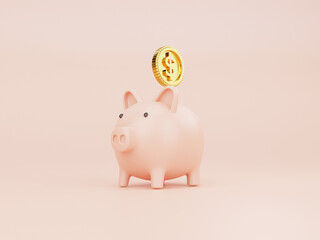 Pink piggy bank and US dollar coins falling on pink background for money saving and deposit concept , creative ideas by 3D rendering technique.