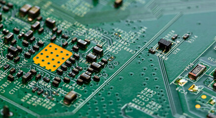 Macro Close up of printed wiring on PC circuit board.