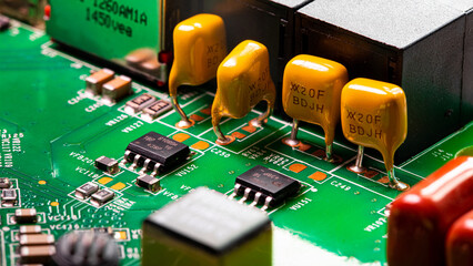 Macro Close up of components and microchips on PC circuit board