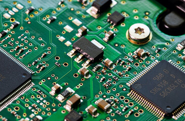 Macro Close up of components and microchips on PC circuit board