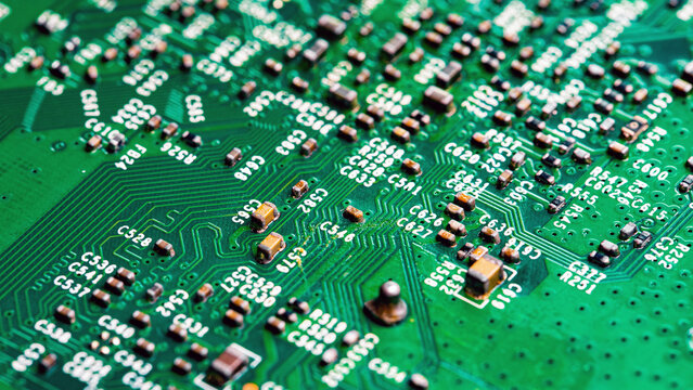 Macro Close up of printed wiring on PC circuit board.